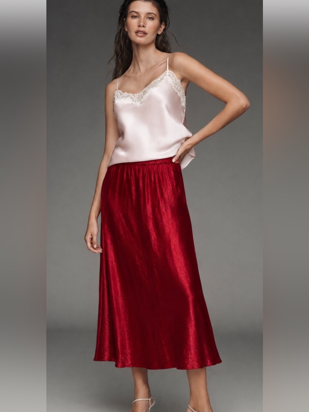Eileen Fisher Red sophisticated textured satin Crinkled pull on Midi Skirt XL - Picture 8 of 8